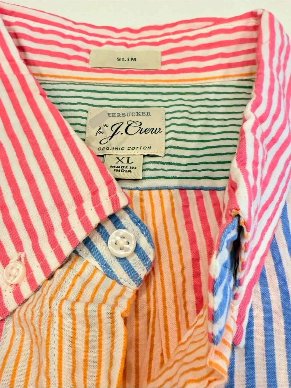 J Crew Slim Organic Cotton Seersucker Shirt in Awning Stripes Sz  XL NWOT
